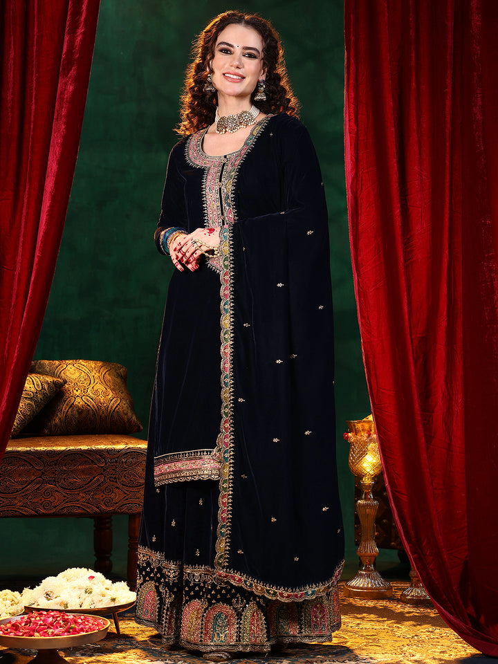 Blue Embroidered Velvet Straight Suit With Dupatta