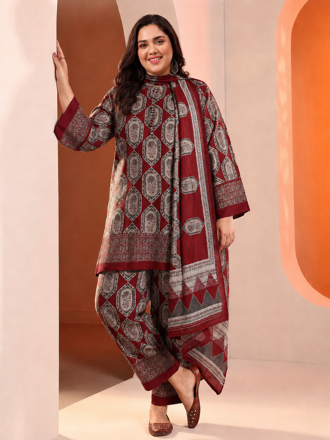 Plus Size Red Printed Silk Blend Straight Suit Set