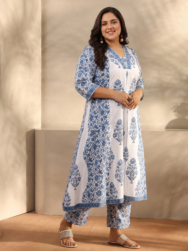 Plus Size Blue Floral Printed Cotton Blend Anarkali Suit Set