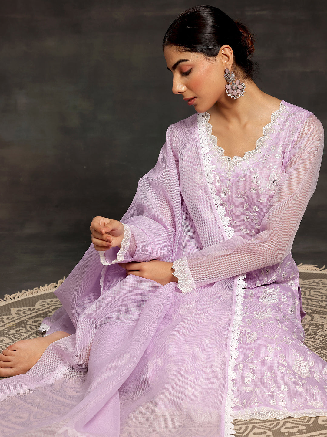 Lavender Embroidered Cotton Straight Suit With Dupatta