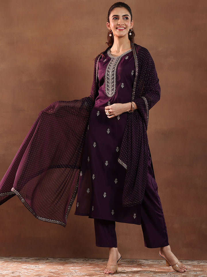 Wine Embroidered Silk Blend Straight Suit With Dupatta