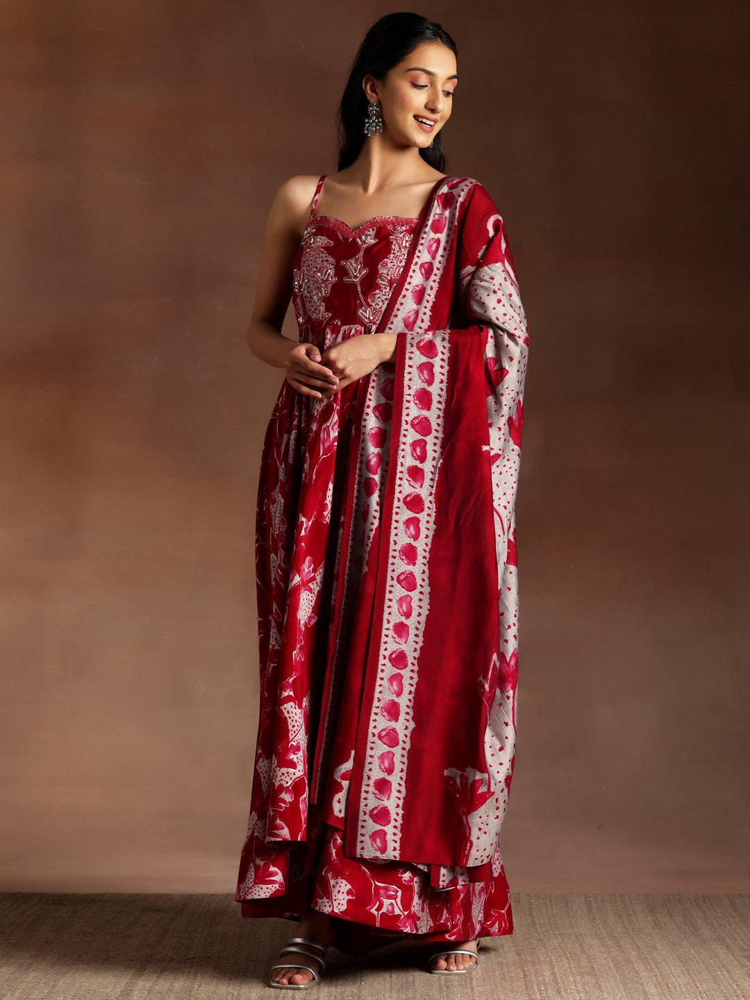 Manjari Pink Printed Silk Blend Anarkali Kurta With Trousers & Dupatta - ShopLibas