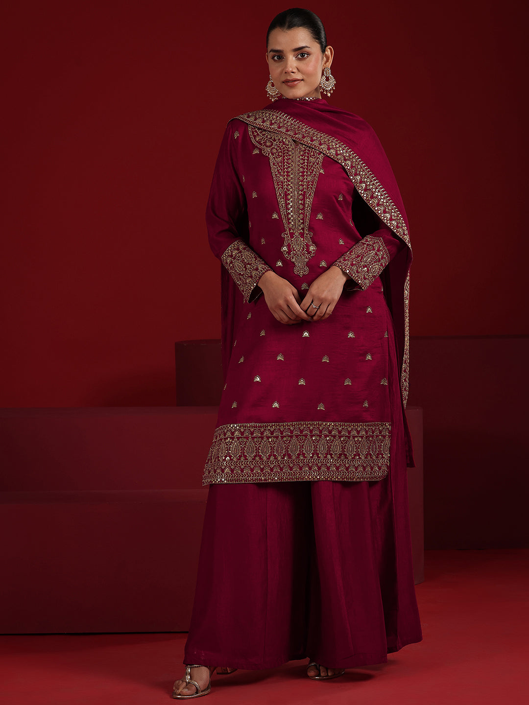 Libas Art Pink Embroidered Silk Blend Straight Suit Set With Dupatta
