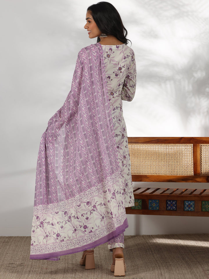 Off White Printed Cotton Straight Suit With Dupatta
