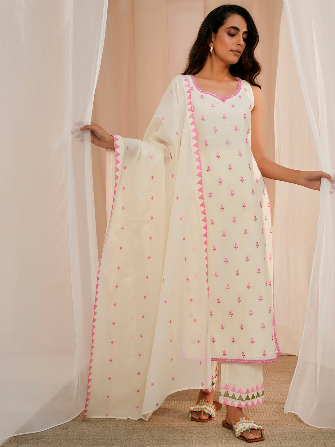 Off White Embroidered Cotton Straight Suit With Dupatta
