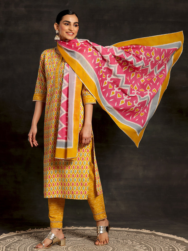 Mustard Printed Cotton Straight Suit With Dupatta