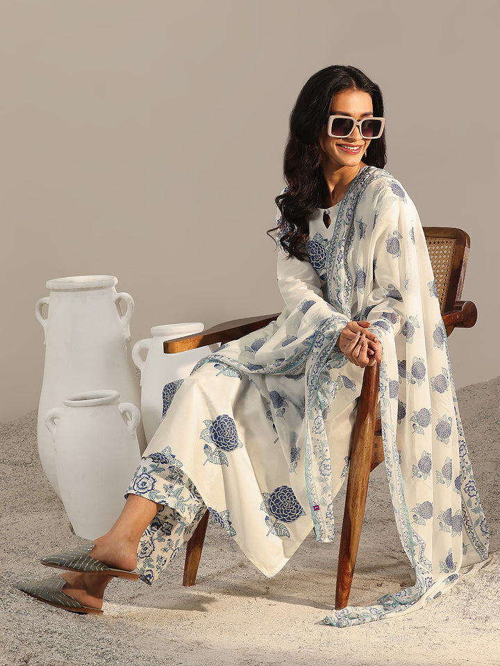 Off White Printed Chanderi Silk Straight Suit With Dupatta