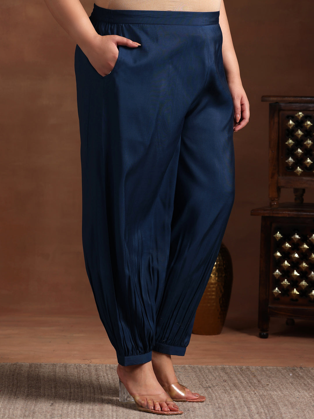 Plus Size Blue Printed Silk Blend Straight Suit With Dupatta