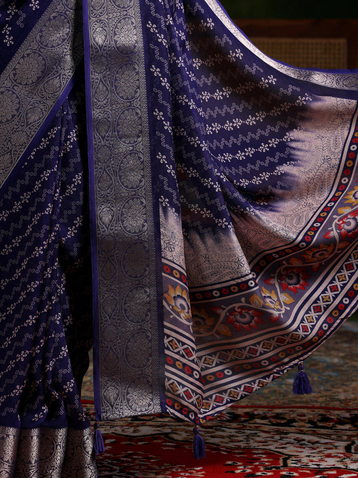 Purple Printed Silk Blend Saree With Unstitched Blouse Piece - Libas