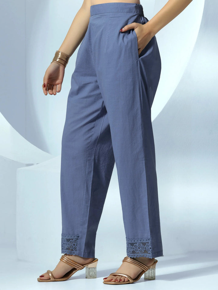 Blue Printed Cotton Blend Straight Suit With Dupatta