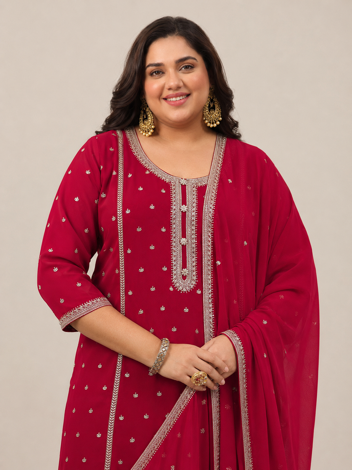 Plus Size Red Embroidered Georgette Straight Suit Set