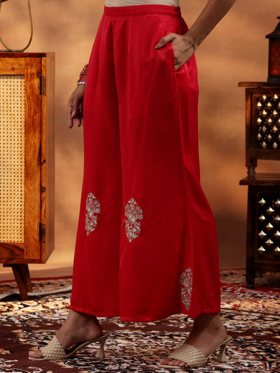 Red Embroidered Velvet Co-Ords