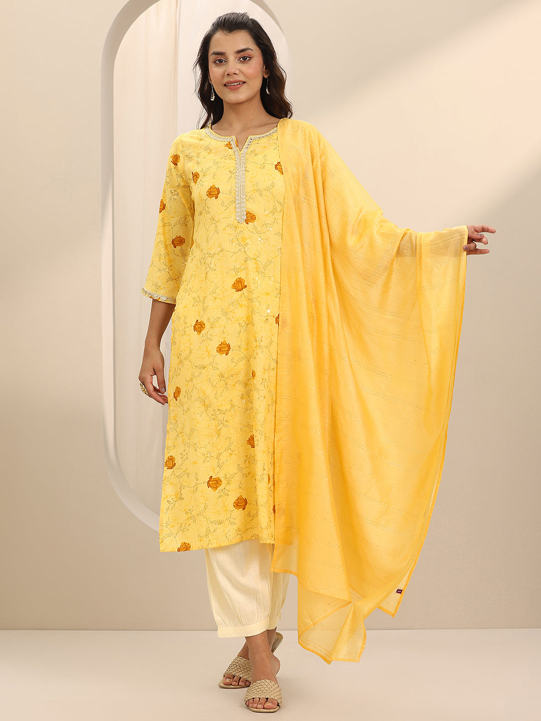 Yellow Printed Cotton Blend Straight Suit Set With Dupatta