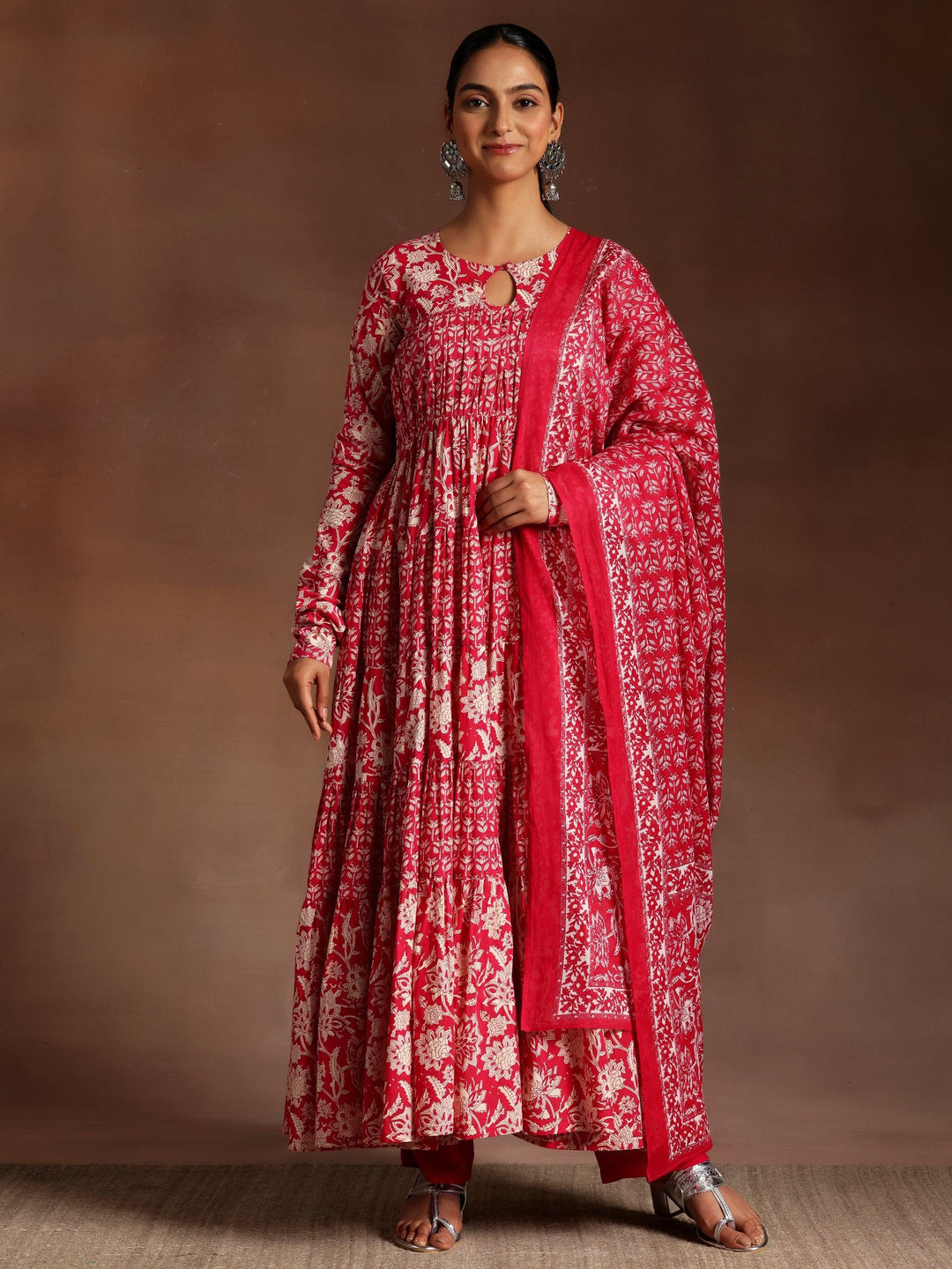 Chinar Pink Printed Cotton A-Line Kurta With Trousers & Dupatta - ShopLibas