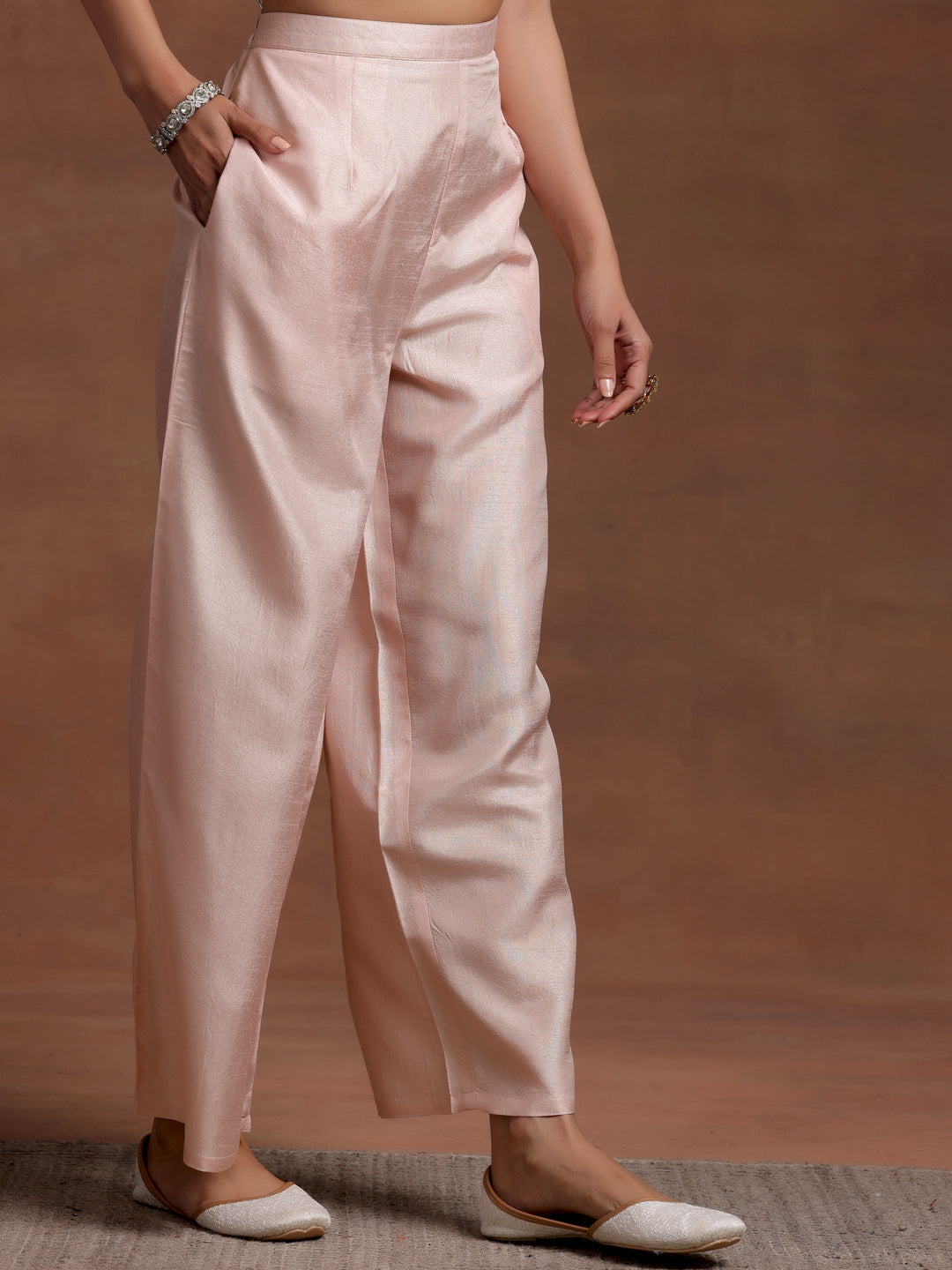 Powder Pink Printed Silk Blend A-Line Kurta With Palazzos & Dupatta