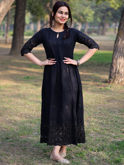 Black Schiffli Rayon Dress