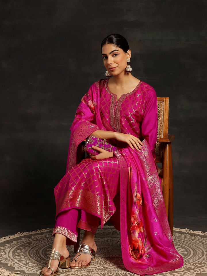Pink Woven Design Silk Blend Straight Kurta With Trousers & Dupatta - ShopLibas