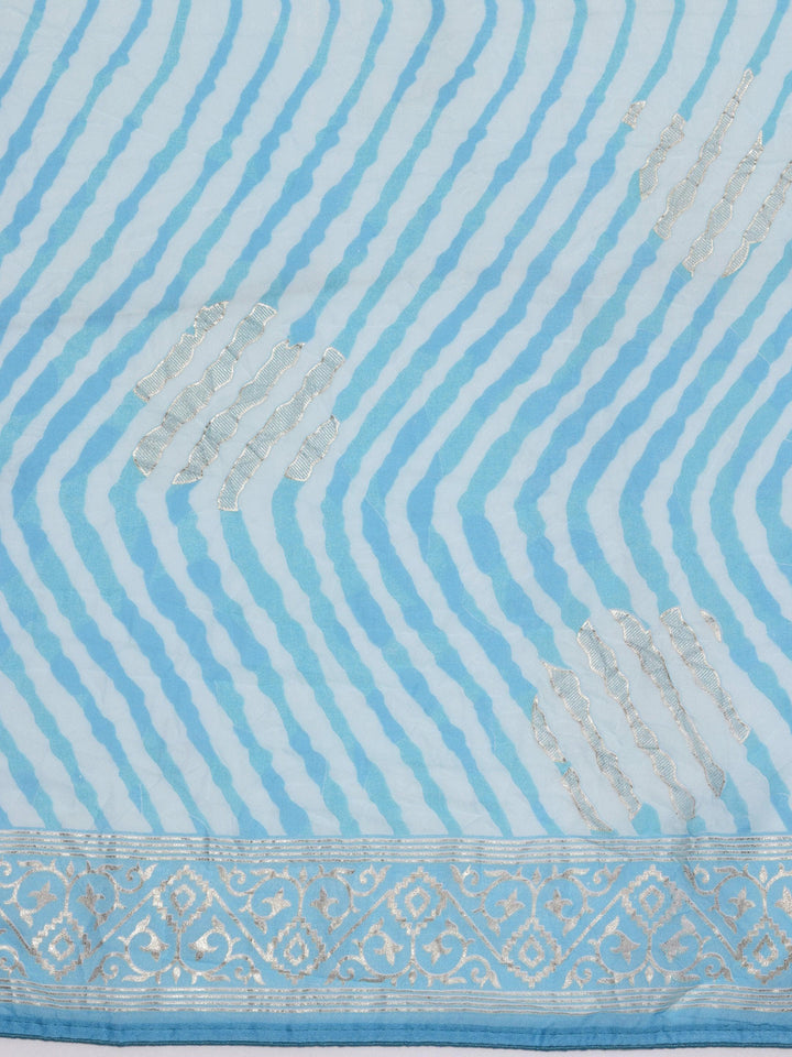 Blue Printed Poly Georgette Saree With Unstitched Blouse Piece - Libas