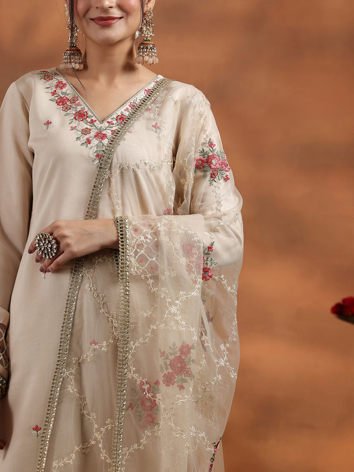 Ivory Embroidered Silk Blend Straight Suit With Dupatta
