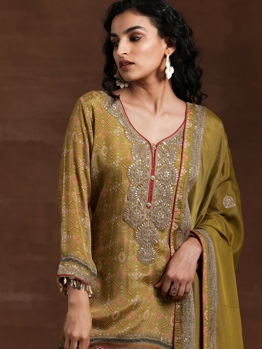 Libas Art Green Printed Silk Blend Straight Suit With Dupatta