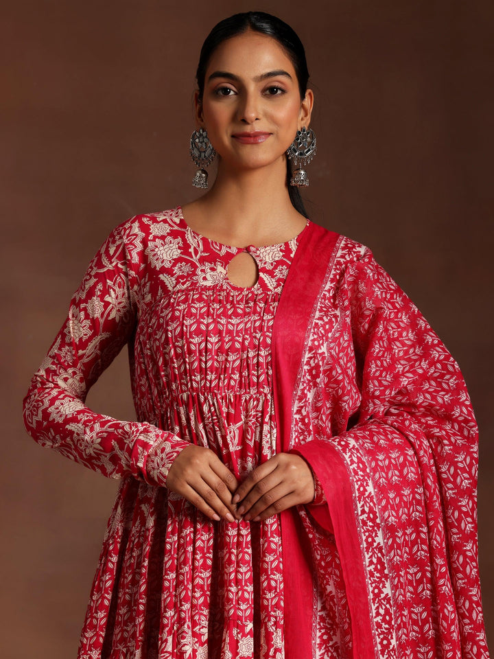Chinar Pink Printed Cotton A-Line Kurta With Trousers & Dupatta - ShopLibas
