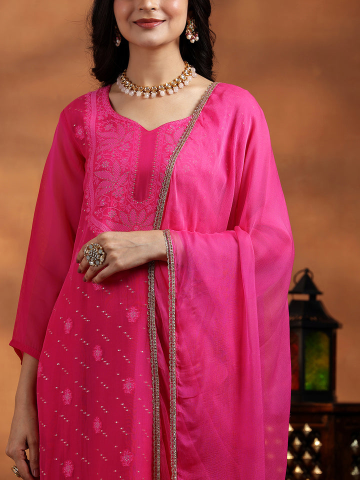 Pink Embroidered Organza Straight Suit With Dupatta