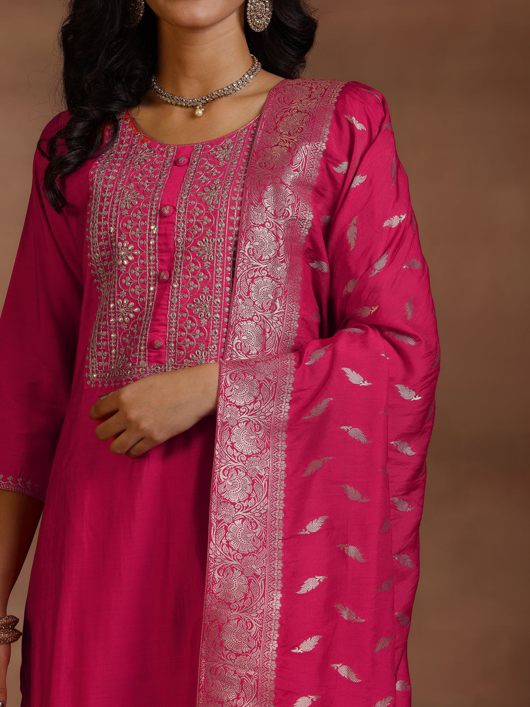 Pink Yoke Design Silk Blend Straight Suit Set With Dupatta