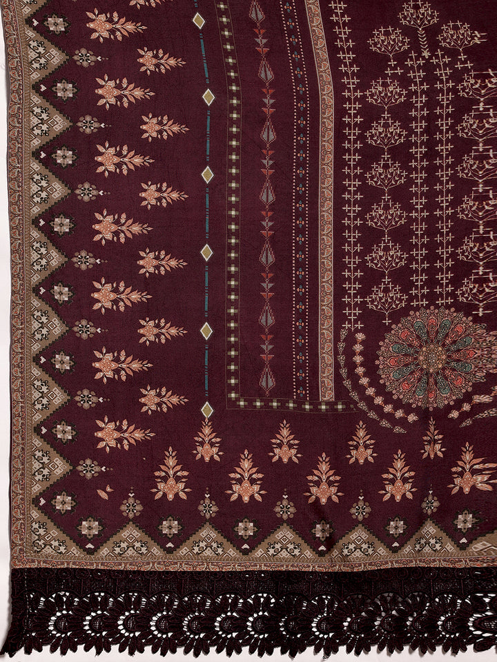 Wine Printed Silk Blend Straight Suit Set With Dupatta
