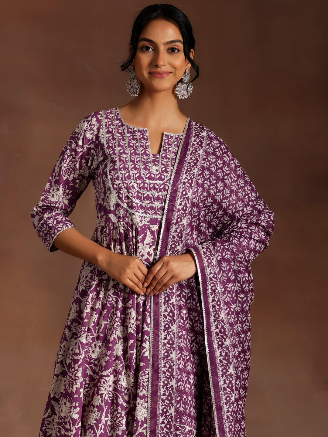 Nalini Purple Printed Cotton Anarkali Kurta With Trousers & Dupatta - ShopLibas 