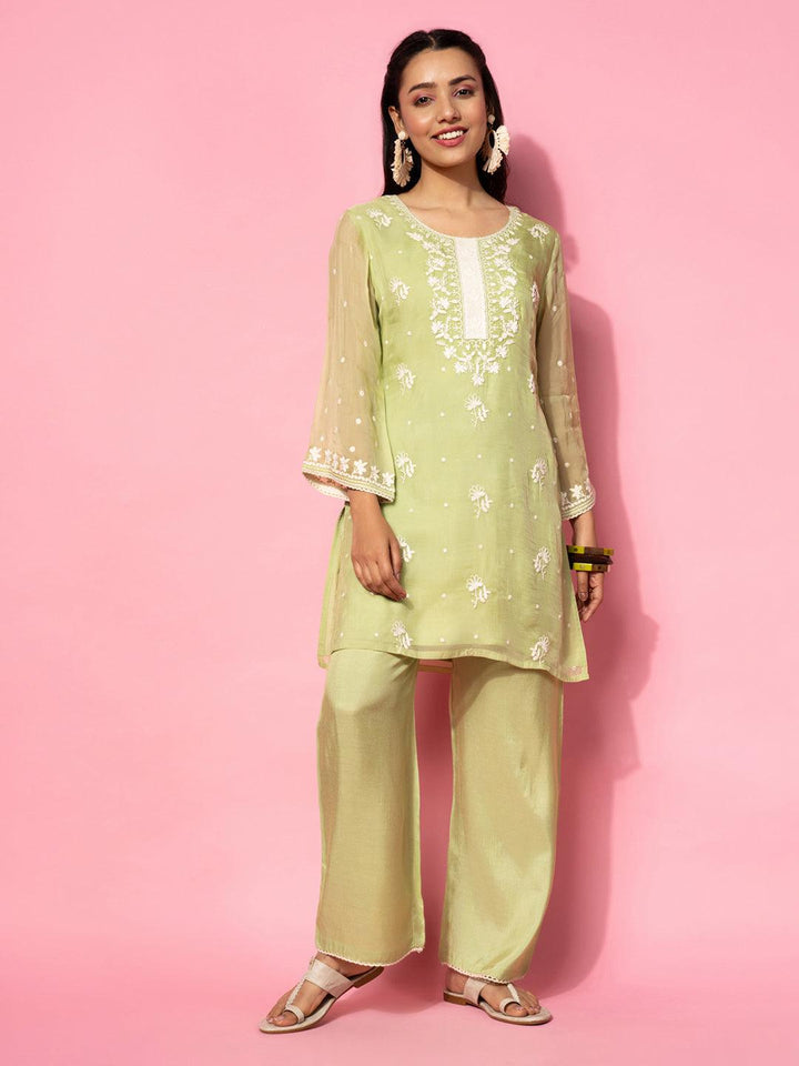 Green Embroidered Silk Blend Co-Ords