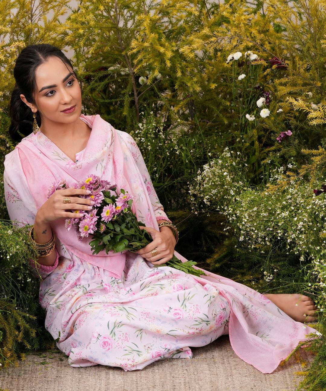 Pink Printed Cotton Blend A-Line Kurta With Palazzos & Dupatta