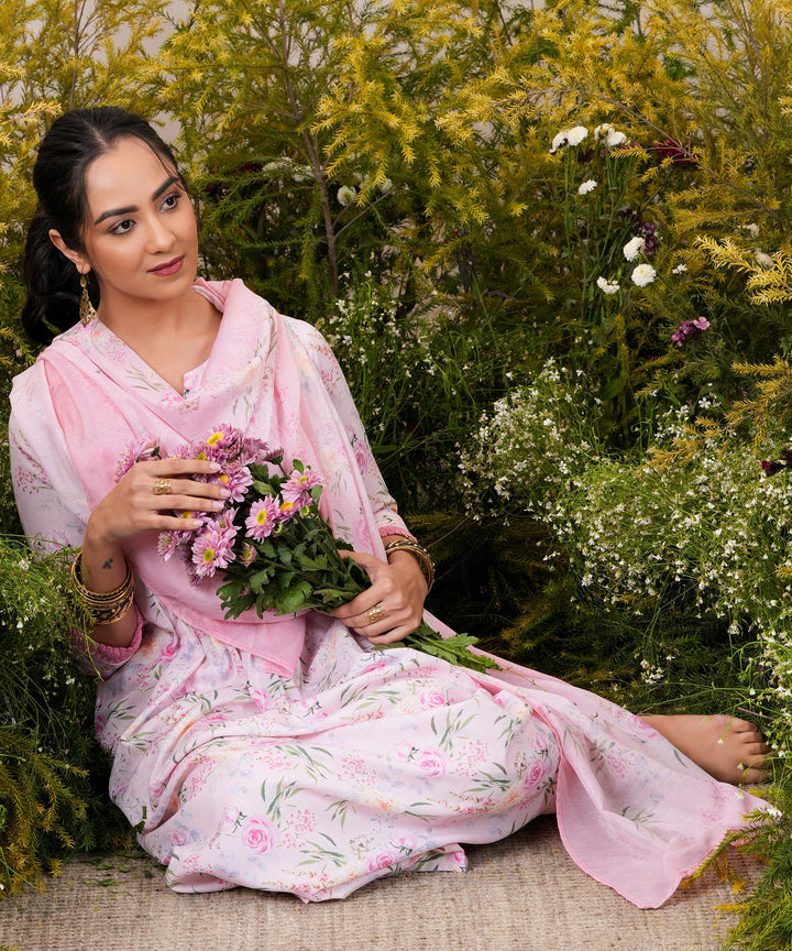 Pink Printed Cotton Blend A-Line Kurta With Palazzos & Dupatta