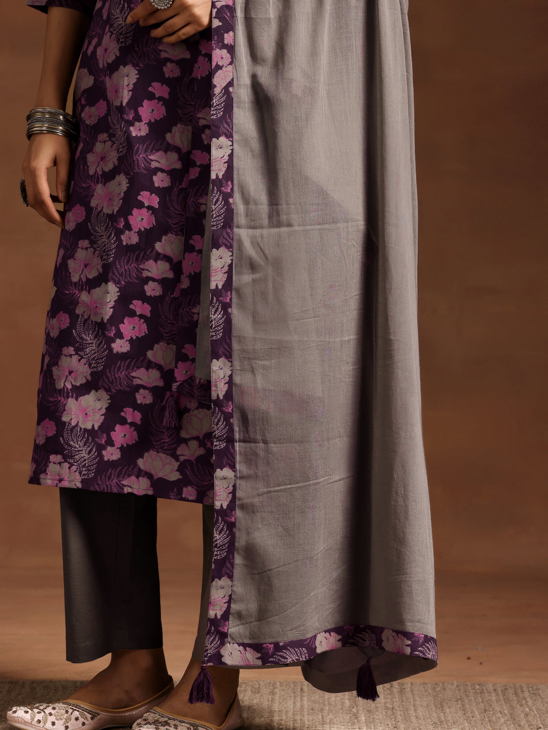 Wine Printed Cotton Straight Suit With Dupatta