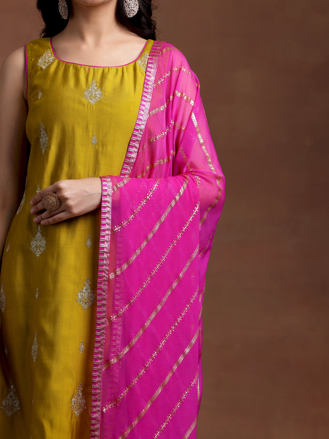 Mustard Embroidered Silk Blend Straight Suit With Dupatta