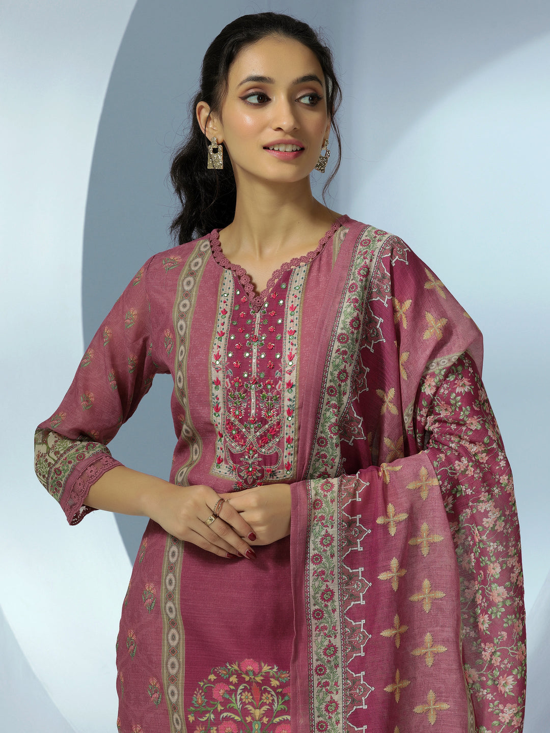 Mauve Printed Cotton Blend Straight Suit With Dupatta