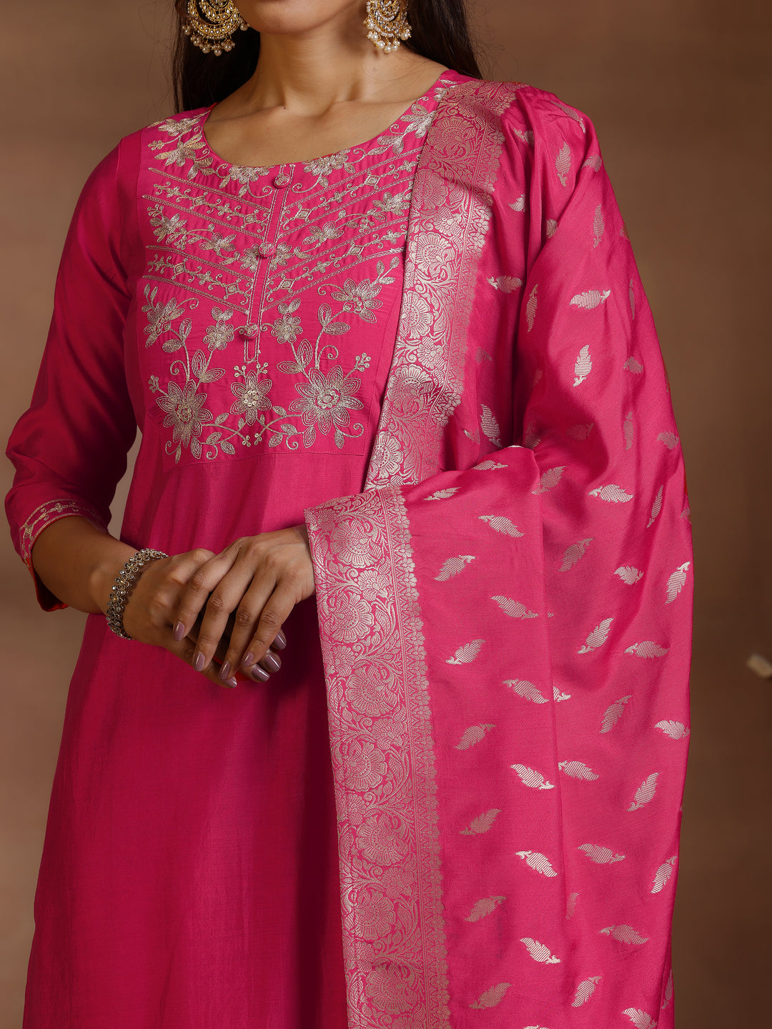 Pink Yoke Design Silk Blend Straight Suit Set With Dupatta