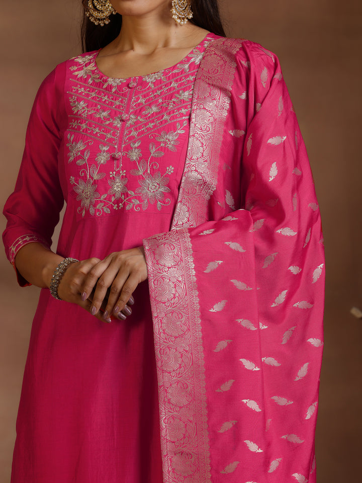 Pink Yoke Design Silk Blend Straight Suit Set With Dupatta