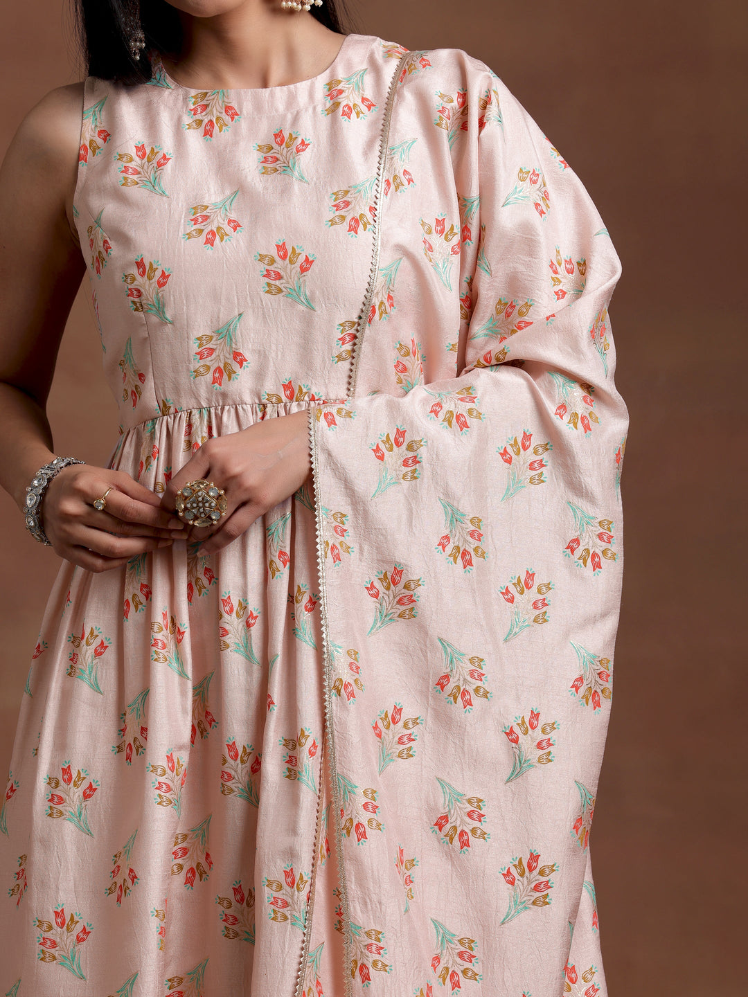 Powder Pink Printed Silk Blend A-Line Kurta With Palazzos & Dupatta