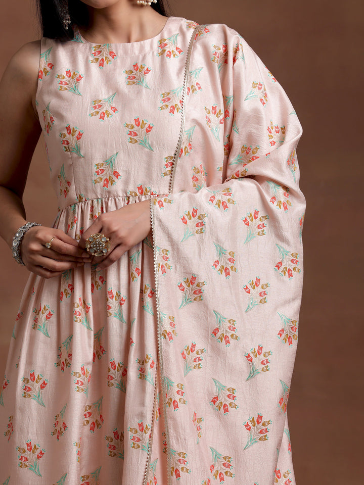 Powder Pink Printed Silk Blend A-Line Kurta With Palazzos & Dupatta