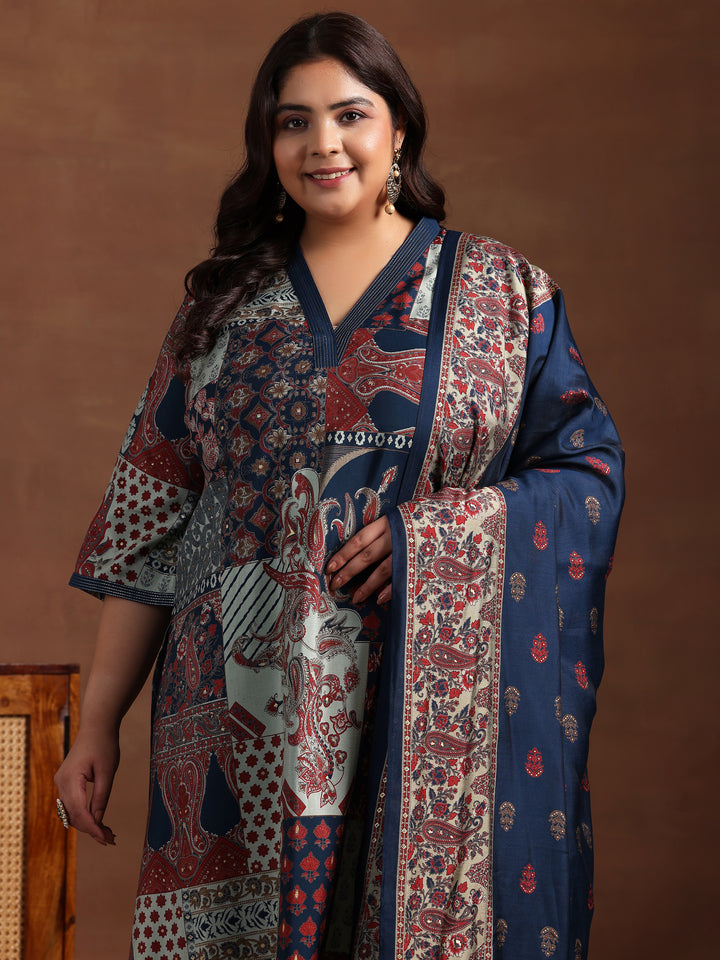 Plus Size Blue Printed Silk Blend Straight Suit With Dupatta