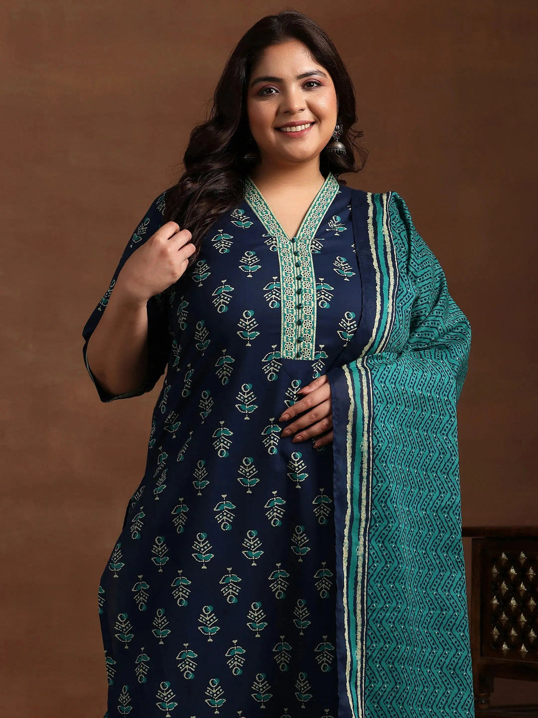 Plus Size Blue Printed Cotton Straight Suit With Dupatta