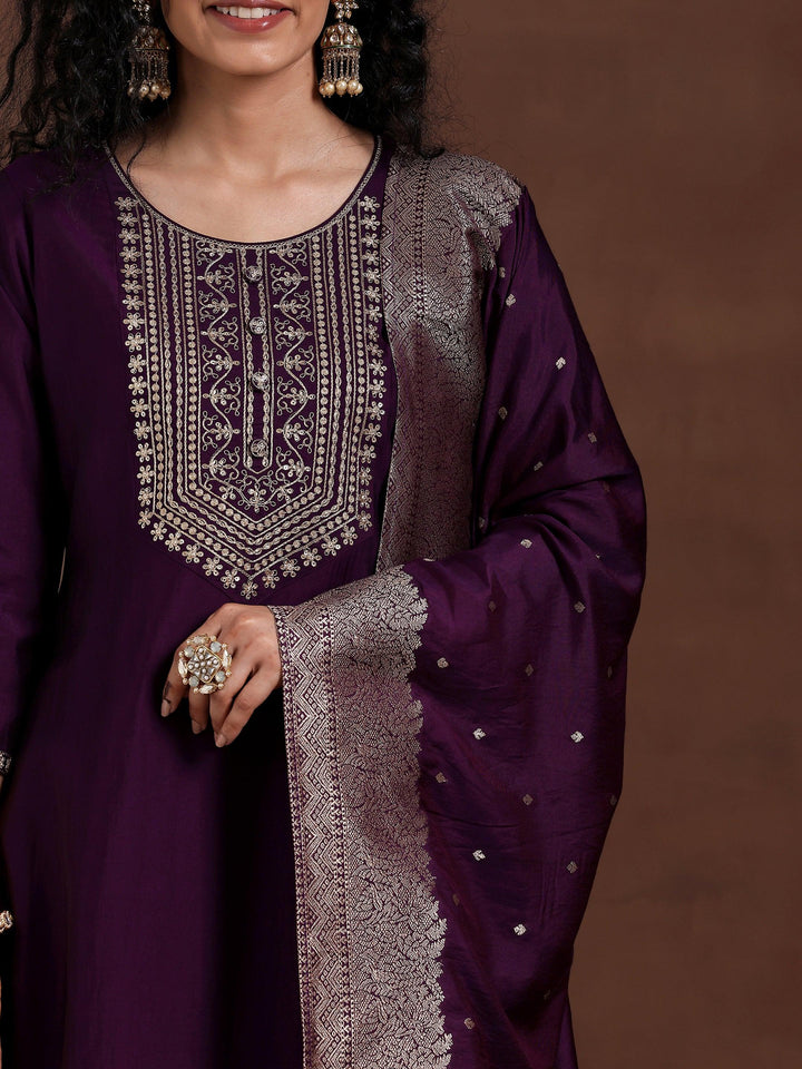 Wine Yoke Design Silk Blend Straight Suit With Dupatta