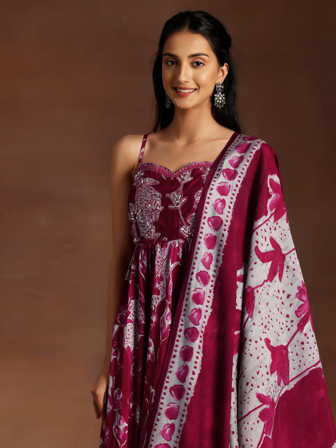 Pink Printed Silk Blend Anarkali Suit With Dupatta