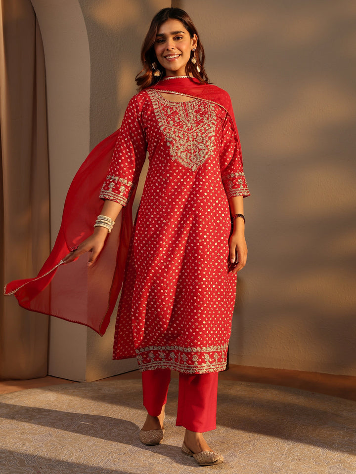 Red Bandhani Printed Silk Blend Straight Suit Set With Dupatta