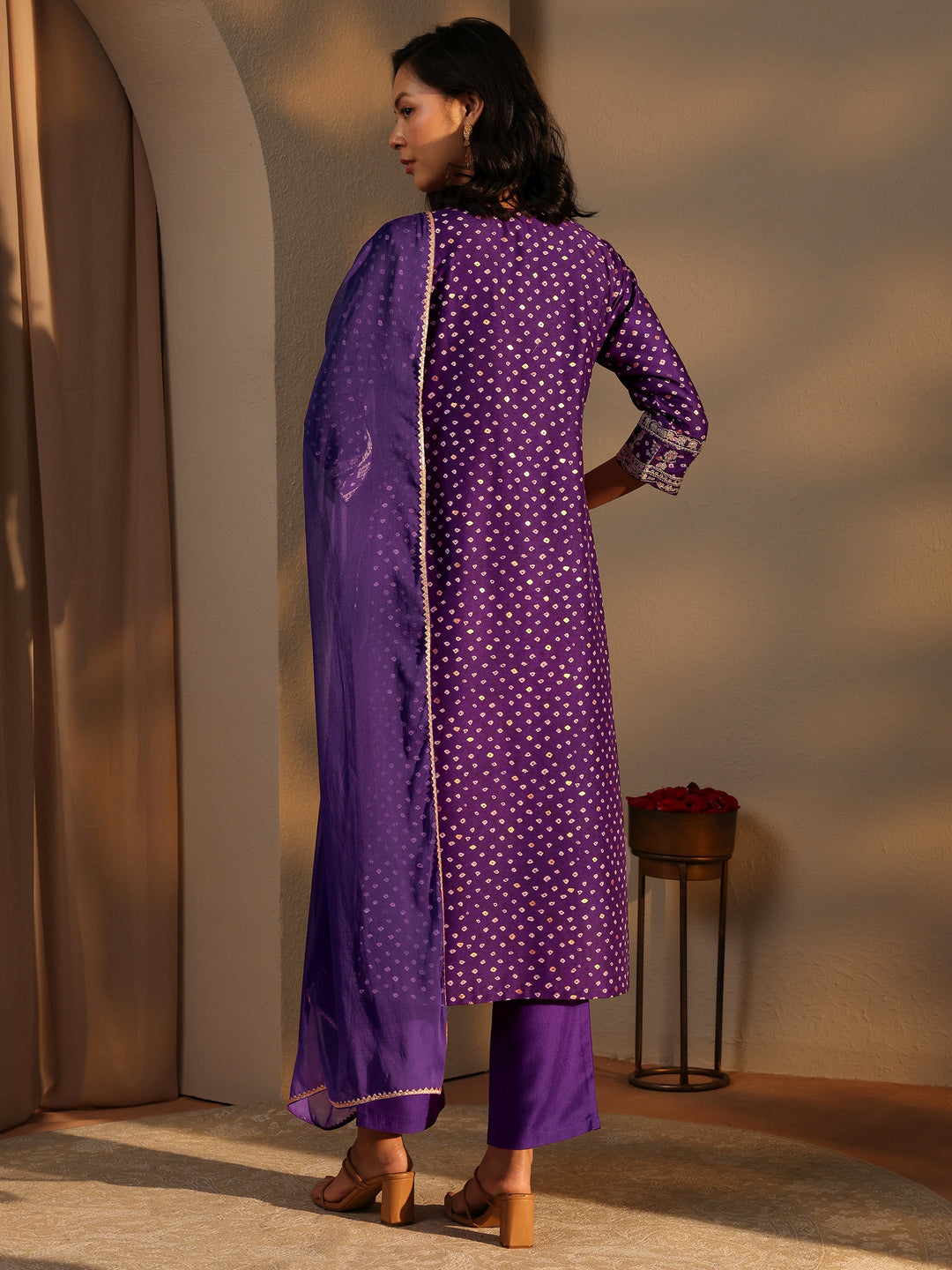 Purple Bandhani Printed Silk Blend Straight Suit Set With Dupatta