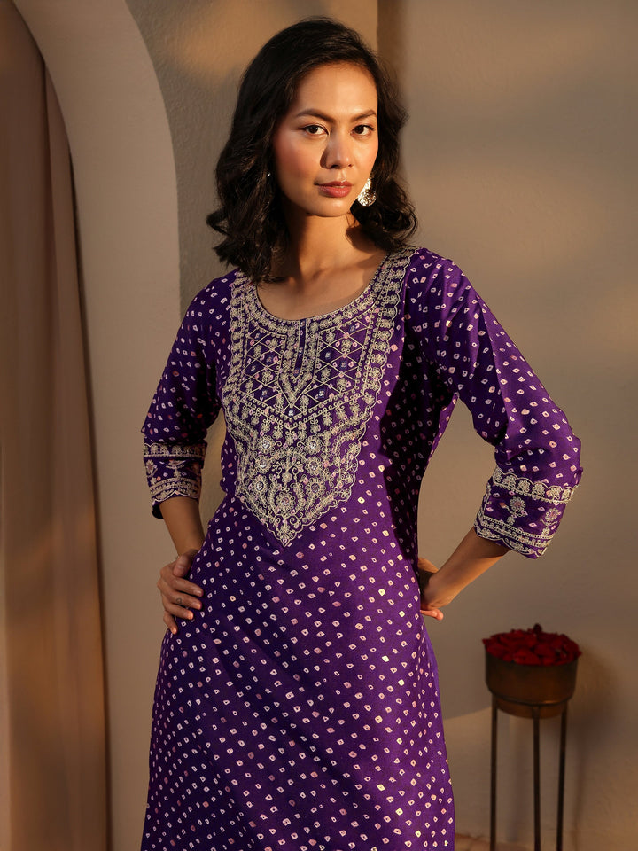 Purple Bandhani Printed Silk Blend Straight Suit Set With Dupatta