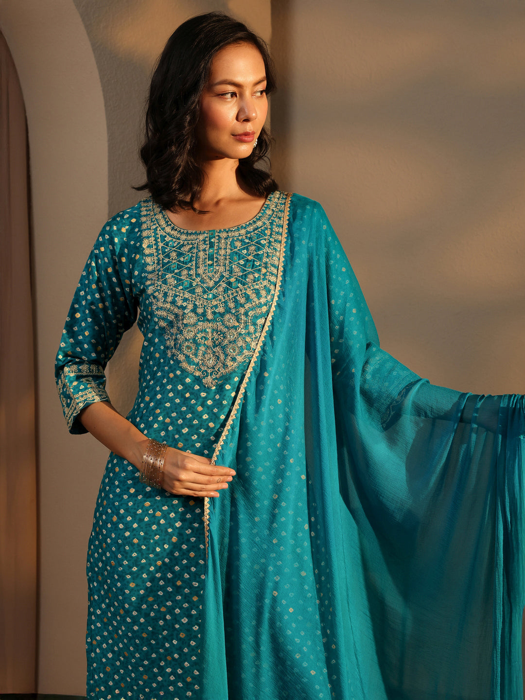 Blue Bandhani Printed Silk Blend Straight Suit Set With Dupatta