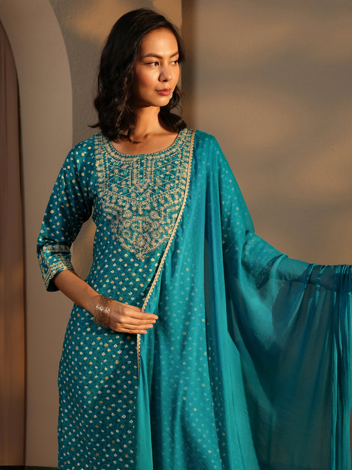 Blue Bandhani Printed Silk Blend Straight Suit Set With Dupatta