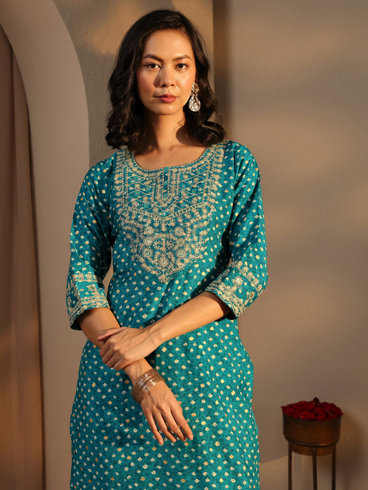 Blue Bandhani Printed Silk Blend Straight Suit Set With Dupatta