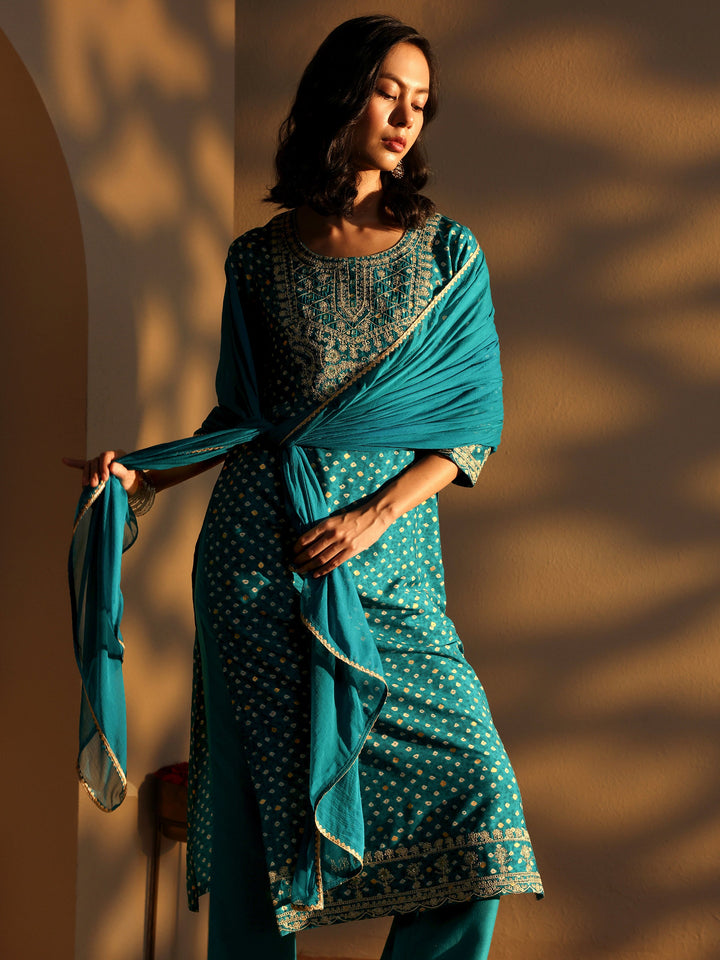 Blue Bandhani Printed Silk Blend Straight Suit Set With Dupatta